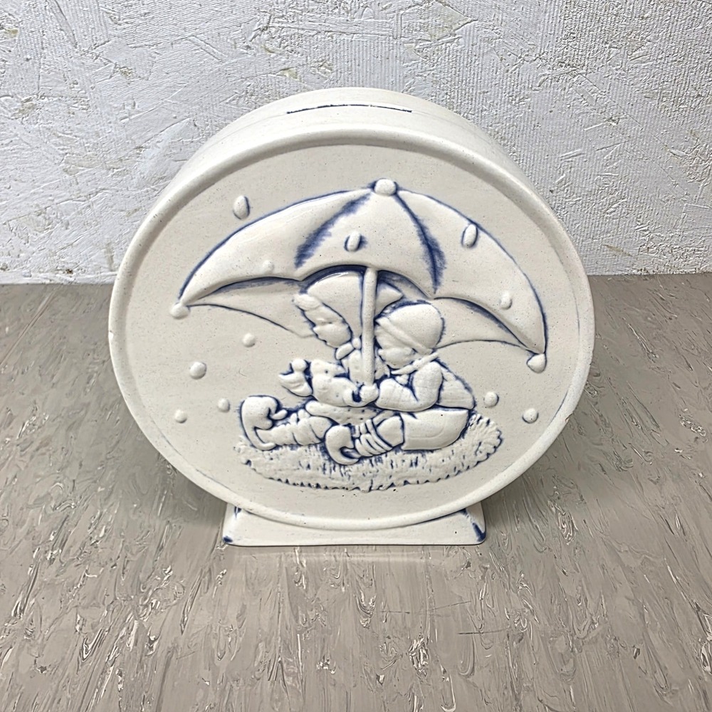 Vtg 1979 Hand Painted Blue & White Ceramic‎ Coin Bank - Dutch Children & Goose